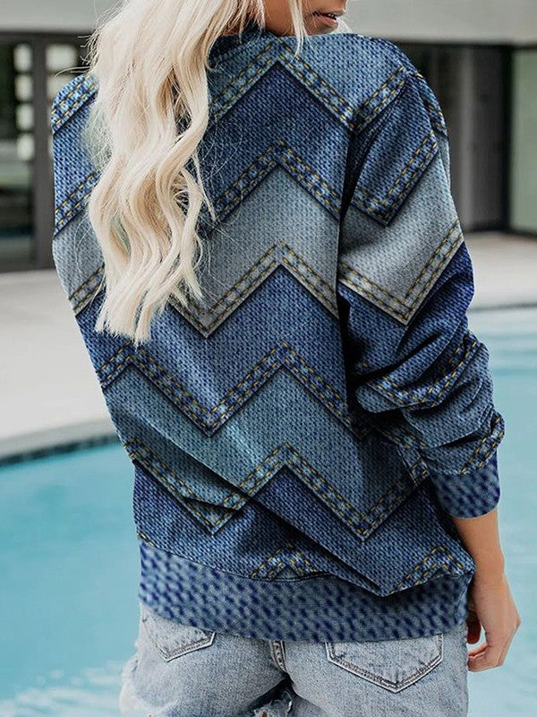 Roxy - Round Crew Neck Long-Sleeved Sweater with Geometric Print