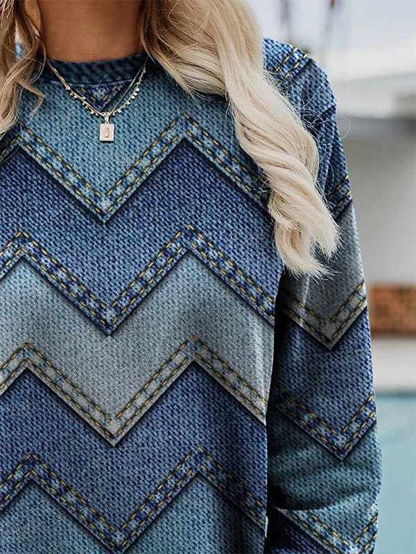 Roxy - Round Crew Neck Long-Sleeved Sweater with Geometric Print