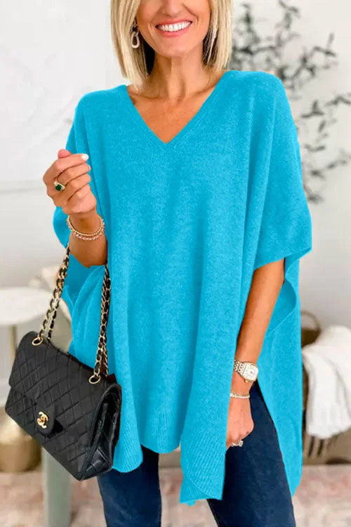 Solid V-Neck Poncho Sweater with Elegant Loose Fit