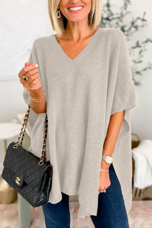 Solid V-Neck Poncho Sweater with Elegant Loose Fit