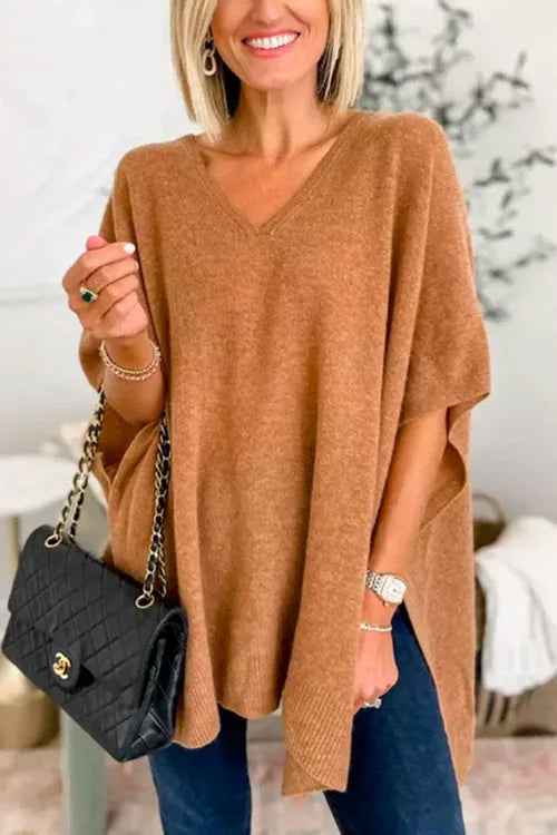 Solid V-Neck Poncho Sweater with Elegant Loose Fit