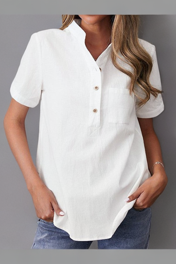 Women's Cotton Blouse with Buttons and Loose Stand-Up Collar