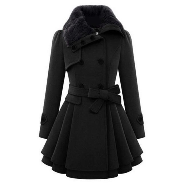 Alice - Women's Coat with Flared Hem and Fur Collar