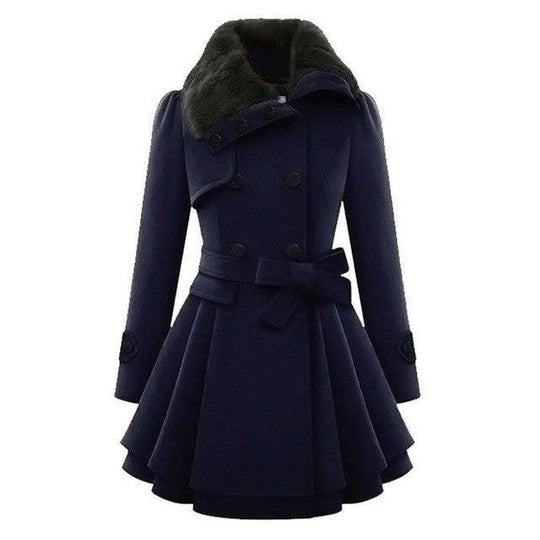 Alice - Women's Coat with Flared Hem and Fur Collar