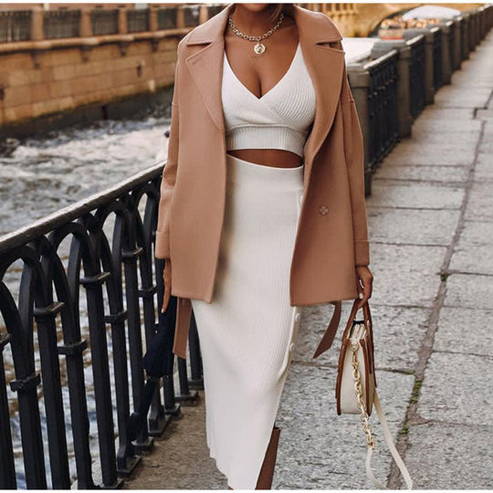 V-Neck Knitted Cropped Top and Midi Skirt Set